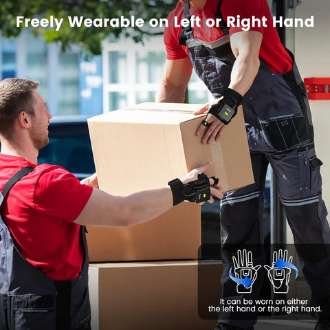 Workers using Hands Free Wearable 2D Barcode Scanner Ring Glove For Quick Scan Of 1D And QR Codes Bluetooth Portable Right Or Left Hand Wear