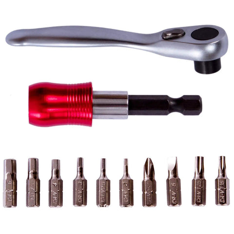 Go-To Bike Repair Tool Kit For Riders Pro Grade Bicycle Multi Tool With Ratchet Wrench 10 Precision Bits shown in detail