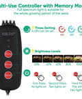 Multi-use controller with memory mode for 96 Cell Seed Starter Tray With Grow Light Kit, showing timing and brightness levels.