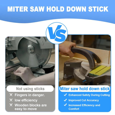 Heavy Duty Miter Saw Hold Down Stick Rock Solid Workholding Extension for safe cutting comparison with and without stick.