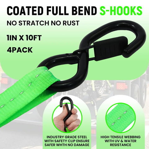 Retractable Ratchet Straps Featuring Control Pull Back System Heavy Duty Self Retracting Cargo Ties For Trucks Easy Top Release Button And Zero Snag Design That Delivers Smooth Operation And Hella Secure Loads Daily, showcasing coated S-hooks and green webbing.