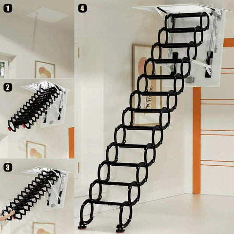 Electric Attic Ladder With Remote Control Pull Down Loft Stairs And Heavy Duty Carbon Steel Retractable Ceiling Staircase in use.