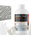 Heavy Duty Tile Adhesive And Repair Glue 10.5 Ounce for loose ceramic porcelain and stone, bottle and accessories shown