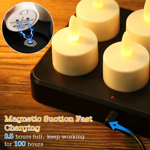 Rechargeable Tea Lights With Remote 100 Hour Flicker Waterproof LED Candles charging on magnetic USB base
