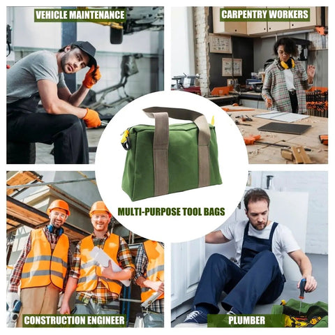 Wide Mouth Canvas Tool Bag With Heavy Duty Build And Large Capacity Organizer For Wrenches And Pliers in various work settings