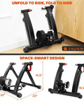Foldable magnetic indoor bike trainer stand with six level resistance for 26 to 28 inch and 700C wheels, space-smart design.