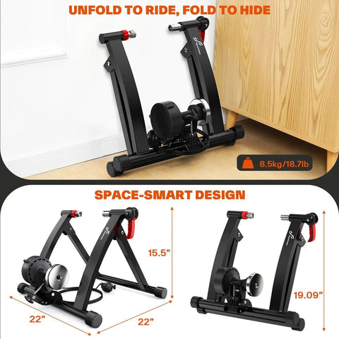 Foldable magnetic indoor bike trainer stand with six level resistance for 26 to 28 inch and 700C wheels, space-smart design.