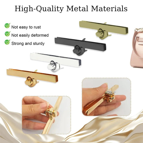 Premium Twist Lock Purse Clasps Featuring Matching Washers show various metal finishes and a hand demonstrating fitting.
