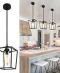 Dope Industrial Black Pendant Light 1 Light For Kitchen Island With Iron Cage Lantern And Clear Glass Shade