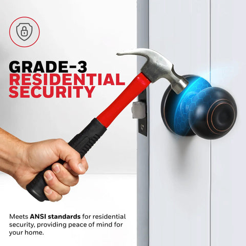 Oil Rubbed Bronze Classic Passage Door Knob For Closets And Hallways, shown with resistance to hammer impact for security