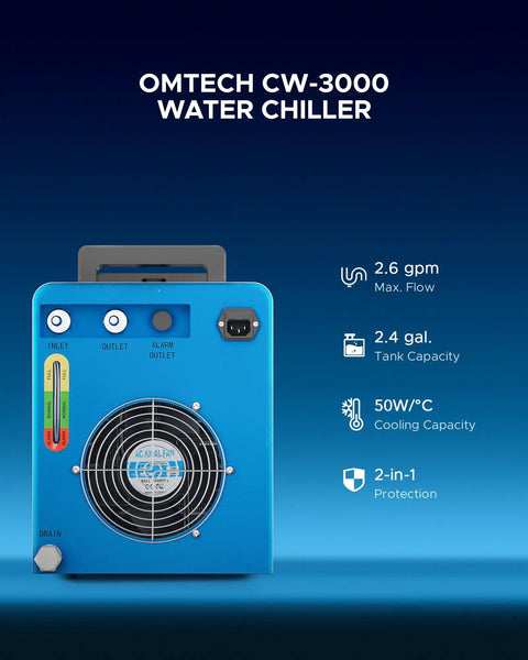 Industrial CO2 Water Chiller For K40 Laser Engravers Up To 50 Watts with 2.4 gallon tank and 2.6 gpm max flow.