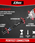 Three Quarter Inch Drive Impact Extension Bar Set With 4 Inch 6 Inch And 10 Inch Lengths, CR-MO Steel Socket Extensions For Auto And Industrial Repair, Durable Embossed Size Markings For Quick Reading And Easy Use, shown with impact wrench