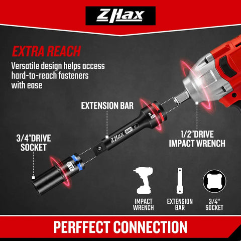 Three Quarter Inch Drive Impact Extension Bar Set With 4 Inch 6 Inch And 10 Inch Lengths, CR-MO Steel Socket Extensions For Auto And Industrial Repair, Durable Embossed Size Markings For Quick Reading And Easy Use, shown with impact wrench