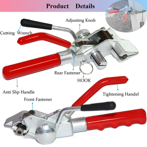 Heavy Duty Steel Banding Strapping Kit With Integrated Ratcheting Tensioner Cutter For Pallet Packing includes tensioner tool with ergonomic grips.