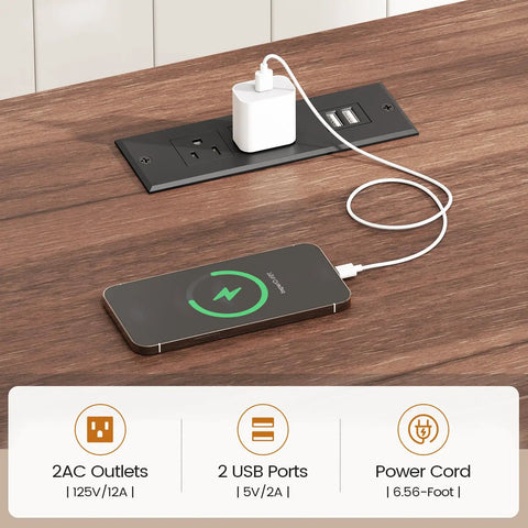 Power outlets and USB ports on L Shaped Standing Desk With Storage Drawers And Power Outlets, 55 Inch Height Adjustable Corner Desk For Home Office