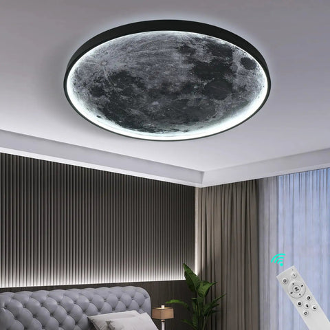 Moon Design Flush Mount Led Ceiling Light Fixture With Remote Dope Vibe Dimmable 50W displayed in a modern bedroom setting
