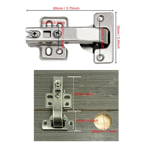Close-up of 4 Pack Lazy Susan Cabinet Hinges 90 Degree Concealed Hydraulic For Corner Cabinets With Full Coverage And Adjustable Installation Easy Mount DTC 90 Degree Hinge JinBoCheng shown with measurements.