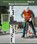 Laser Level Receiver With Pulse Mode For All Pro And Everyday Laser Levels, A Real Workhorse, Accurate Plus Or Minus One Seventeenth Inch, Up To 200 Ft Range, Green And Red Beams, Two Sided LED Prompt, Magnetic Mount, And Clamp Included clamped to a grade rod on a construction site