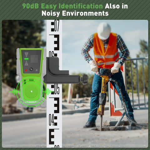 Laser Level Receiver With Pulse Mode For All Pro And Everyday Laser Levels, A Real Workhorse, Accurate Plus Or Minus One Seventeenth Inch, Up To 200 Ft Range, Green And Red Beams, Two Sided LED Prompt, Magnetic Mount, And Clamp Included clamped to a grade rod on a construction site