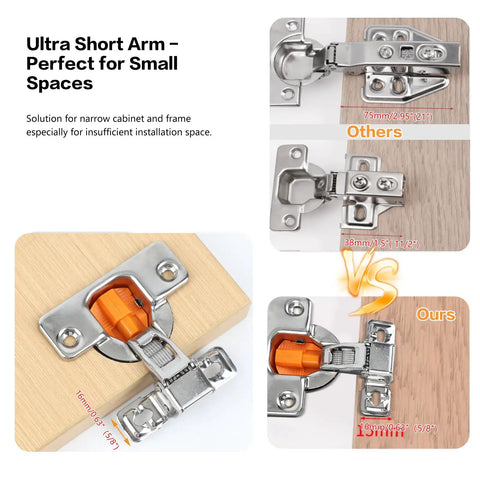 Short Arm Cabinet Hinges For Face Frame Cabinets For DIYers With Three Quarters Inch Overlay 105 Degree Opening Soft Close 35mm Cup 12mm Thickness Fits Doors Five Eighths To One Inch 100 Pack 50 Pairs Cold Rolled Steel Titanium Finish