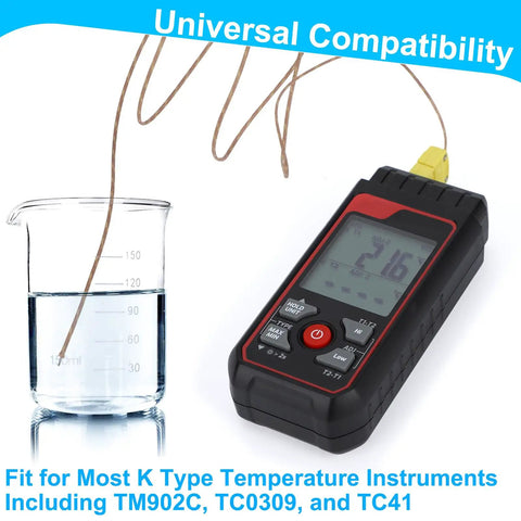 High Accuracy Type K Thermocouple Probes 3 Pack, 1 Meter Long, Fast 0.5 Second Response, thermometer next to beaker