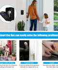 Woman using Matrix Key Lock Box with Wireless Hub and Bluetooth Access for outdoor use, weatherproof key safe demonstration.
