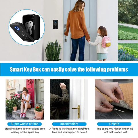 Woman using Matrix Key Lock Box with Wireless Hub and Bluetooth Access for outdoor use, weatherproof key safe demonstration.