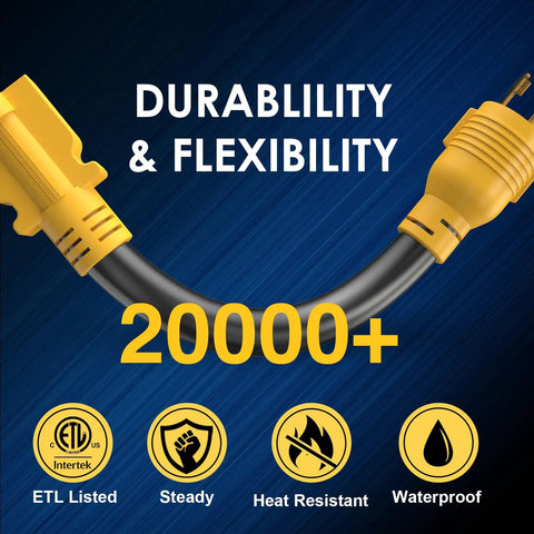 Close-up of Heavy Duty Nema L6 30P To 6 20R AC Adapter Plug And Play Twist Lock Male Connector, durable black cable with yellow connectors.