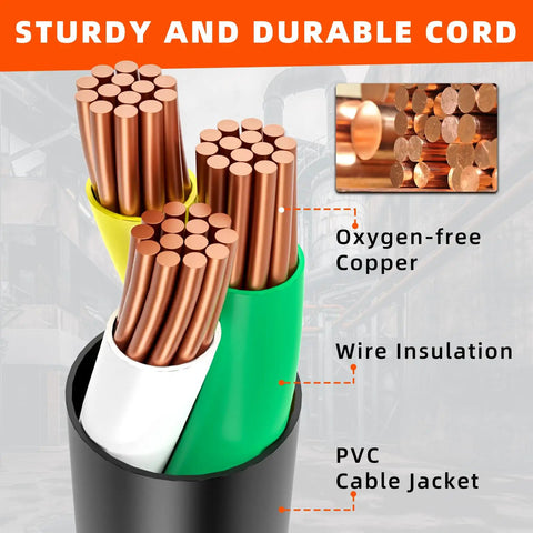 Close-up of 100 Ft Outdoor Extension Cord Black Waterproof 16 Gauge 13 Amps 125V SJTW ETL Listed with wire insulation