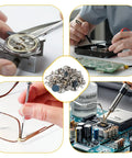 Collage of watch repair, electronics work, glasses fixing, and 100 Piece Watch Screw Kit For Repair And Battery Replacement