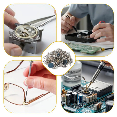 Collage of watch repair, electronics work, glasses fixing, and 100 Piece Watch Screw Kit For Repair And Battery Replacement