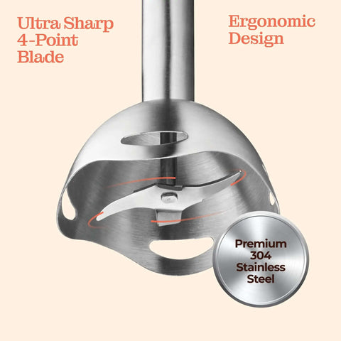 Ultra sharp stainless steel 4-point blade for 500 Watt Electric Hand Blender With Turbo Boost And Sharp Stainless Steel Blades For Smoothies Soups Purees And Baby Food Detachable Base Grey Kickass Kitchen Stick That Crushes Hard.