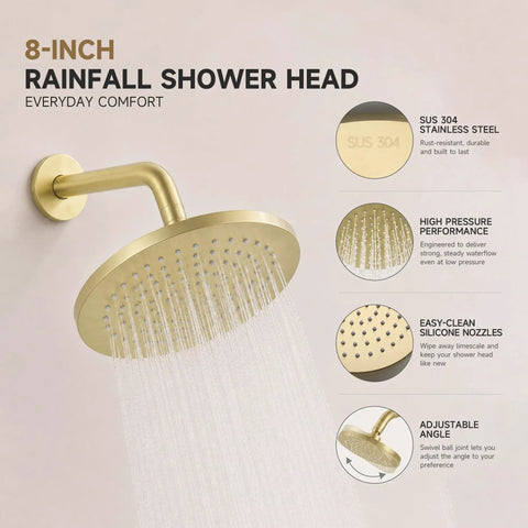 Totally Fire Premium All Metal Shower Faucet Set With Warm Gold Tone Eight Inch Rain Showerhead Curved Tub Spout Rust Proof Bathroom Hardware Upgrade