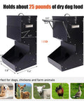 Set And Forget Outdoor Dog Feeder With Sturdy Rain Cover 25 Pound Gravity Kibble Bowl, black metal design, measures 22" high.