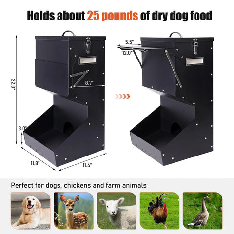 Set And Forget Outdoor Dog Feeder With Sturdy Rain Cover 25 Pound Gravity Kibble Bowl, black metal design, measures 22" high.