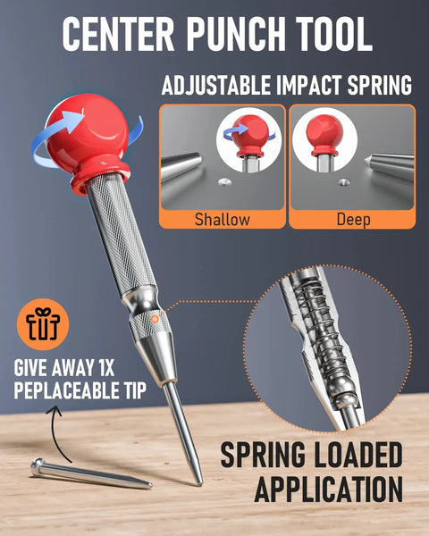 Slick Mechanical Carpenter Pencils Kit With Heavy Duty Construction Marking Tools And Woodworking Drafting Supplies Including A Center Punch And Carbide Scribe For Daily Shop Floor Grind - Adjustable center punch tool with replaceable tip.