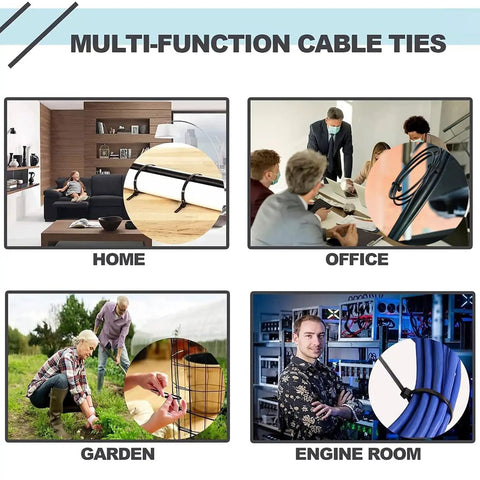 Diagram showing multi-use of Heavy Duty Zip Ties Kit 800 Pack Assorted Sizes 4, 6, 8, 10, 12 Inch Nylon Cable Ties in home and garden.