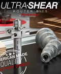 Top Shelf Rabbeting Router Bit Kit With Seven Size Precision Collars and carbide inserts, showcasing router bits on wood surface.