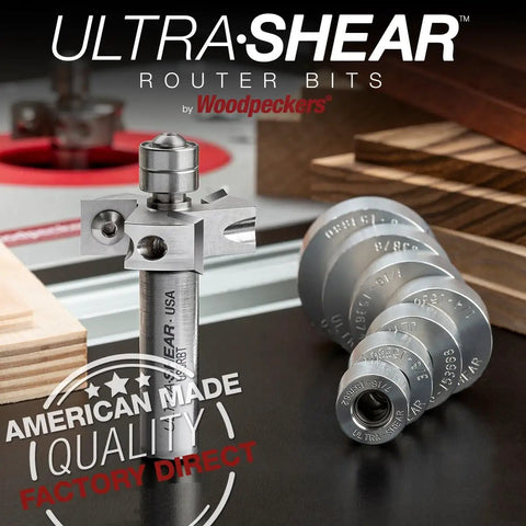 Top Shelf Rabbeting Router Bit Kit With Seven Size Precision Collars and carbide inserts, showcasing router bits on wood surface.