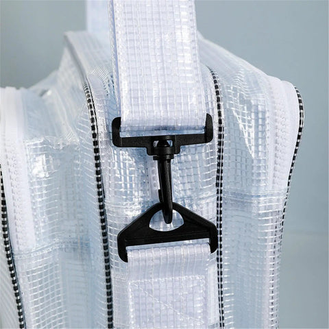 Detail of strap and clip on Solid Clear Crossbody Tool Bag For Cleanroom Engineers Slick Transparent Shoulder Pouch.