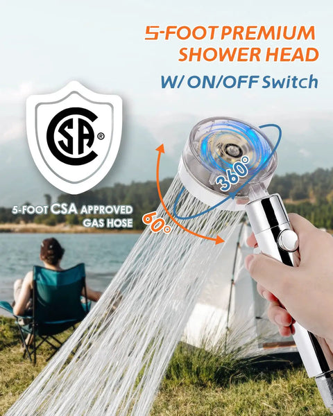 Portable 7L Propane Gas Water Heater With 1.85 GPM Tankless Instant Hot Water For Outdoor Shower RV Camping Cabin Boat White With Safety Designs And Low Water Pressure Startup Plus Fast Heating Tech For Endless Hot Water On The Go handheld showerhead with rotating nozzle outdoors.