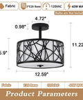 Metal and fabric ceiling light fixture, dimensions 12.59" wide, 11.22" high, with E26 base, 3-bulb capacity, modern black pattern