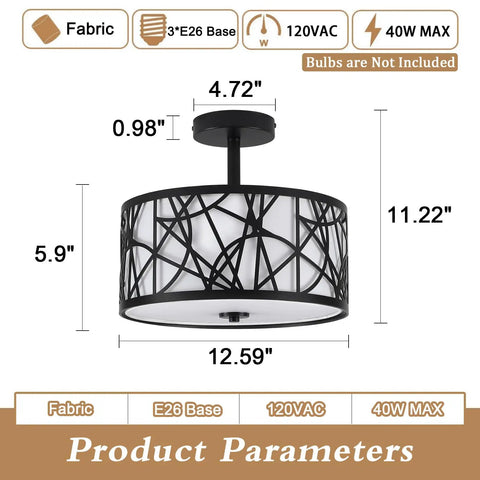Metal and fabric ceiling light fixture, dimensions 12.59" wide, 11.22" high, with E26 base, 3-bulb capacity, modern black pattern