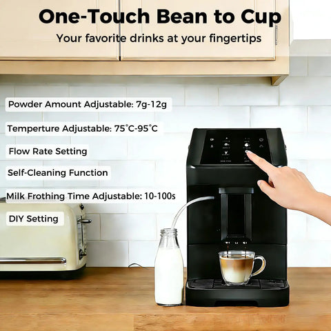Kick Start Your Day With This Sleek Automatic Espresso Machine Packing A Built In Grinder 19 Bar Pressure And Quick Self Clean Touch Panel For Hella Smooth Latte And Cappuccino Shots At Home Or Work, showcasing drink preparation settings.