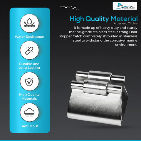 Door Stopper Catch And Holder Heavy Duty Marine Grade Stainless Steel Rust Resistant Ideal For Boats And RVs Marine Use Doors Cabinets And Hatches Height One And A Half Inches, shown with durability features
