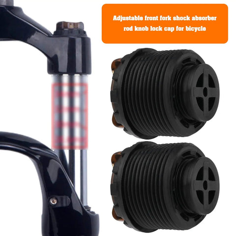 2 Pack Bicycle Front Fork Damping Rod Knob Lock Caps, 27.5mm Threads, 30mm Length, Plastic Shock Absorber, side view with fork