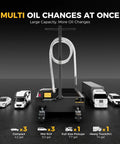 Garage Ready Heavy Duty Electric Oil Drain Pan With Built In Pump, Badass 15 Gallon Steel Fluid Recovery Tank For Pro Shops And Weekend Mechanics, Matte Black showing multiple vehicles and fluid capacities.