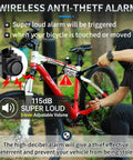 Person setting Wireless Remote Bike Alarm With 115dB Siren Motion Sensor on bicycle, emphasizing security features.
