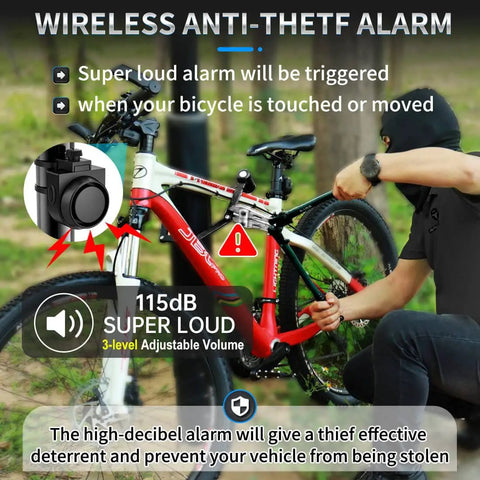Person setting Wireless Remote Bike Alarm With 115dB Siren Motion Sensor on bicycle, emphasizing security features.