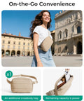 Woman wearing beige crossbody bag in sunny outdoor setting, beside images of bag and interior showing phone and accessories.